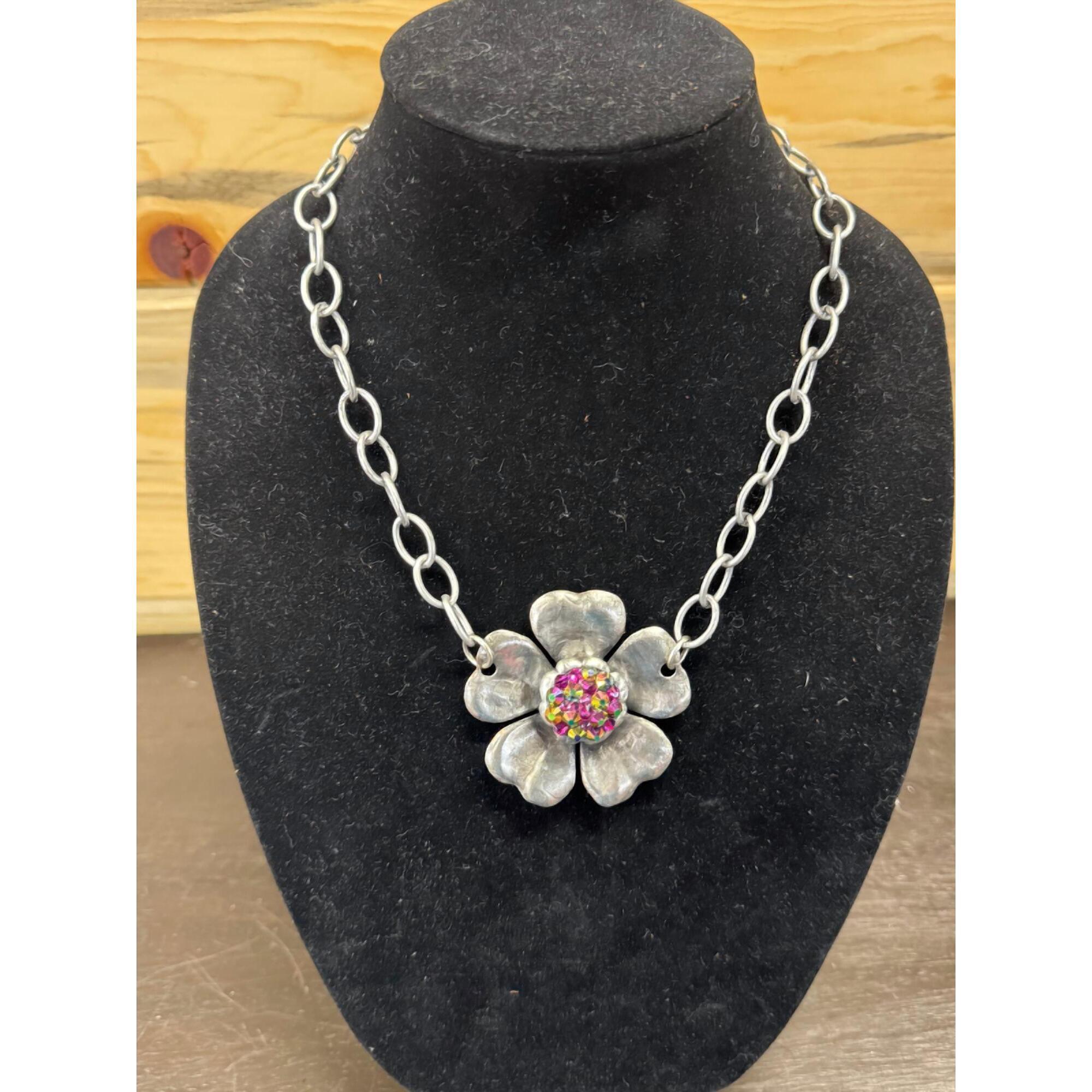New Art By Amy Labbe Women's Flower Sparkle Necklace In Silver/Pink